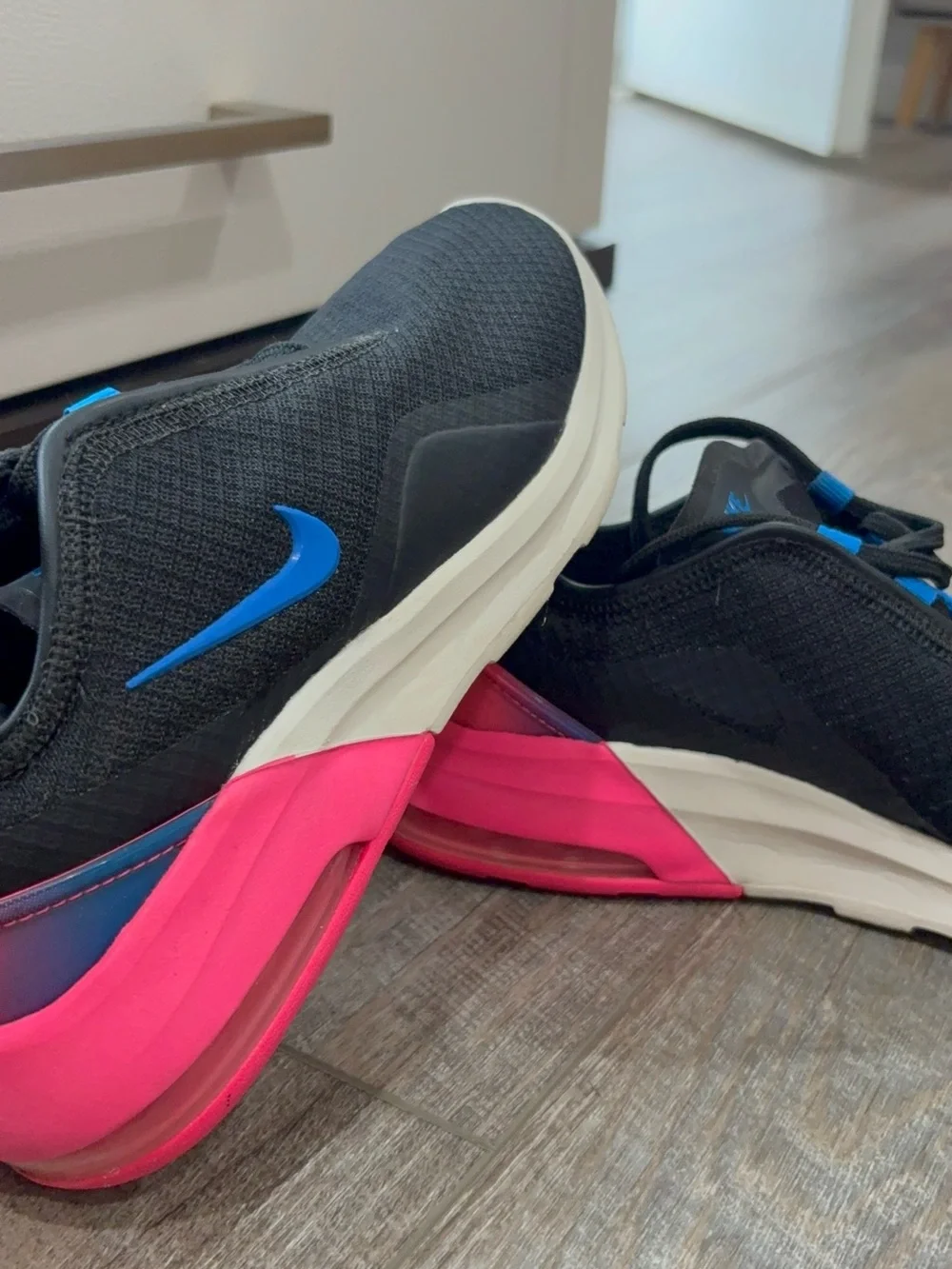 Nike Women's Black Slip-On Athletic Sneakers with Blue Swoosh & Pink Heel